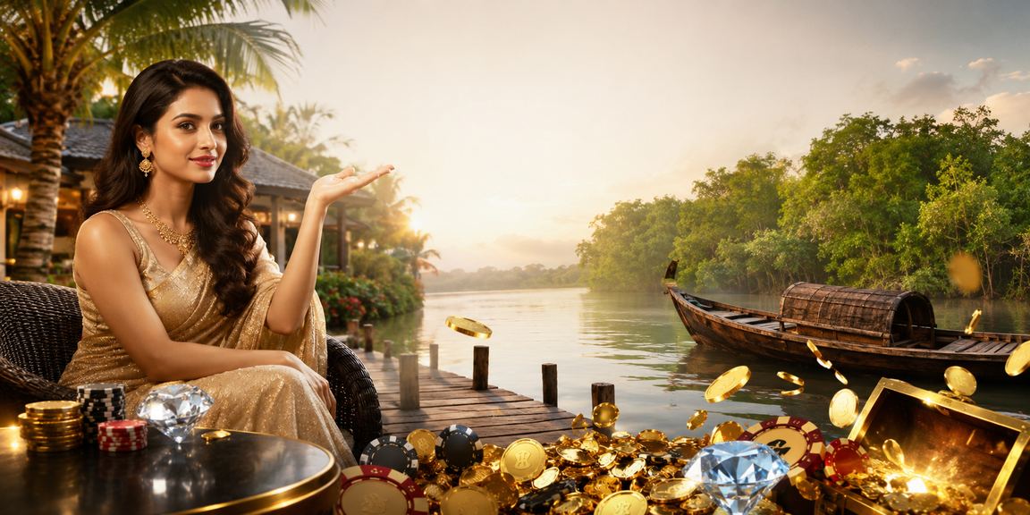 A Bangladeshi model showcasing the win888 betting interface against a Sundarbans backdrop