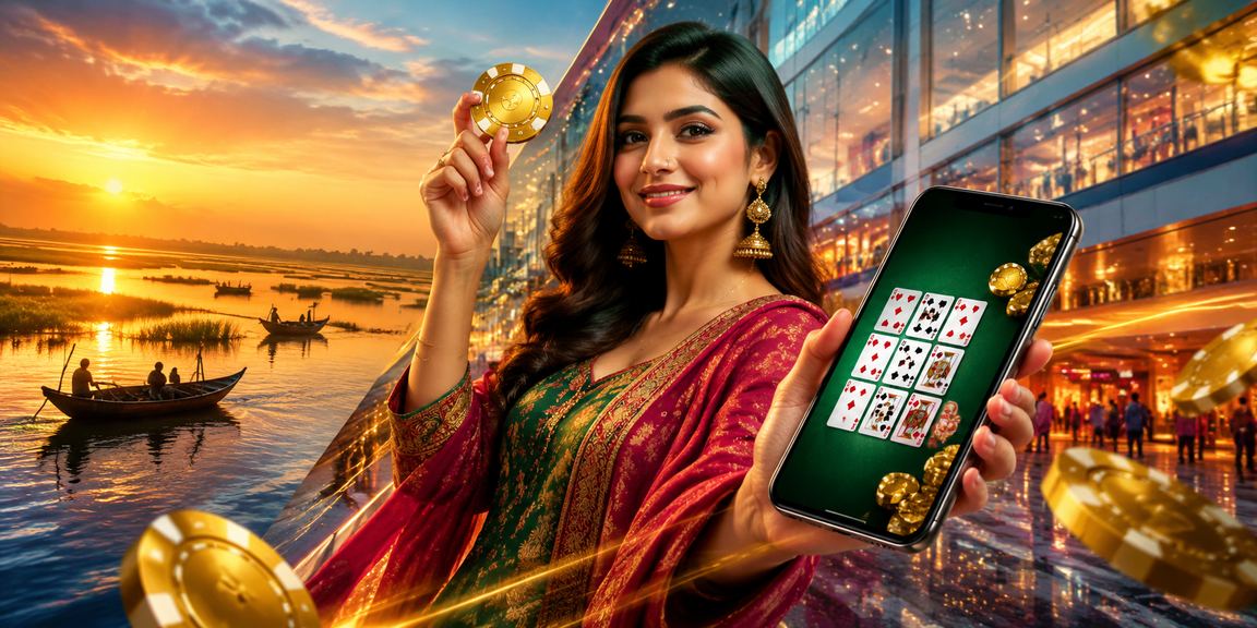 A Bangladeshi model playing rummy against the backdrop of Tanguar Haor